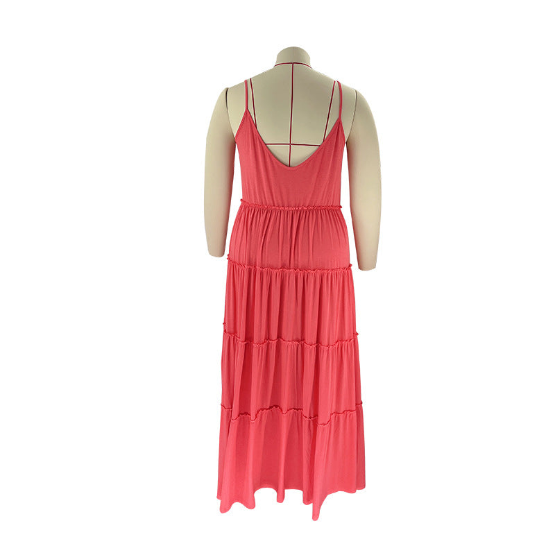 Summer Plus Size Women's Solid Color Sexy Camisole Pleated Patchwork Fashion Casual Dress 29