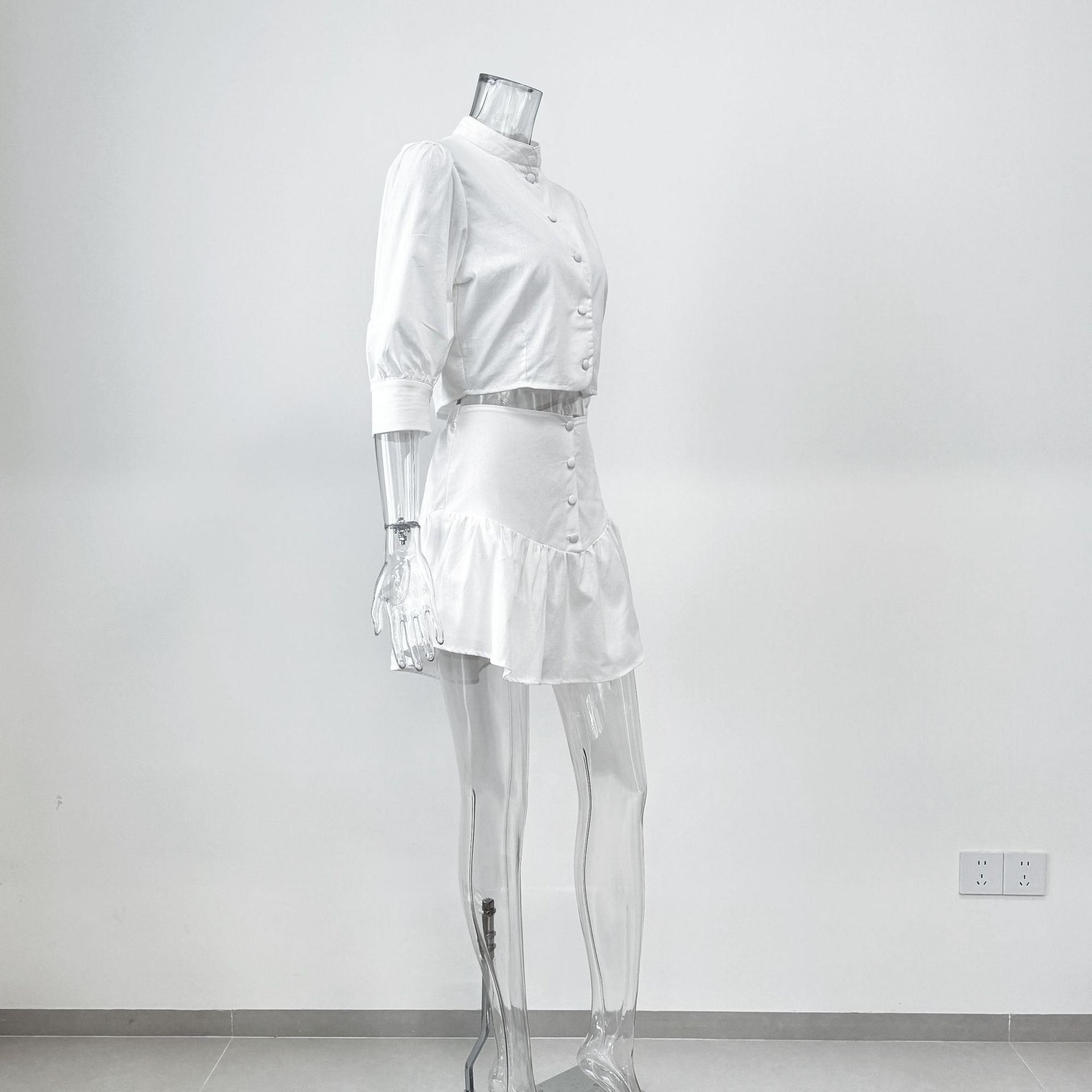 Summer White Lantern Sleeve Shirt & Skirt Two-Piece Casual Office Set 8