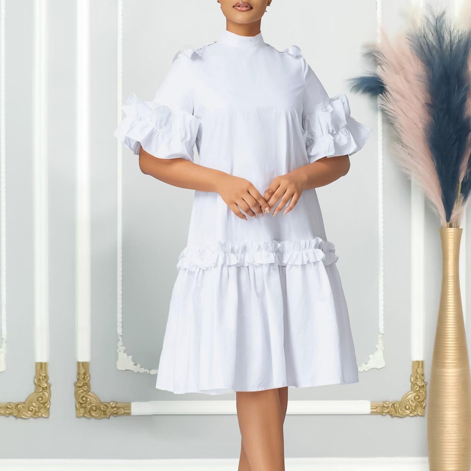 Women Summer Solid Ruffle Edge African Dress 10