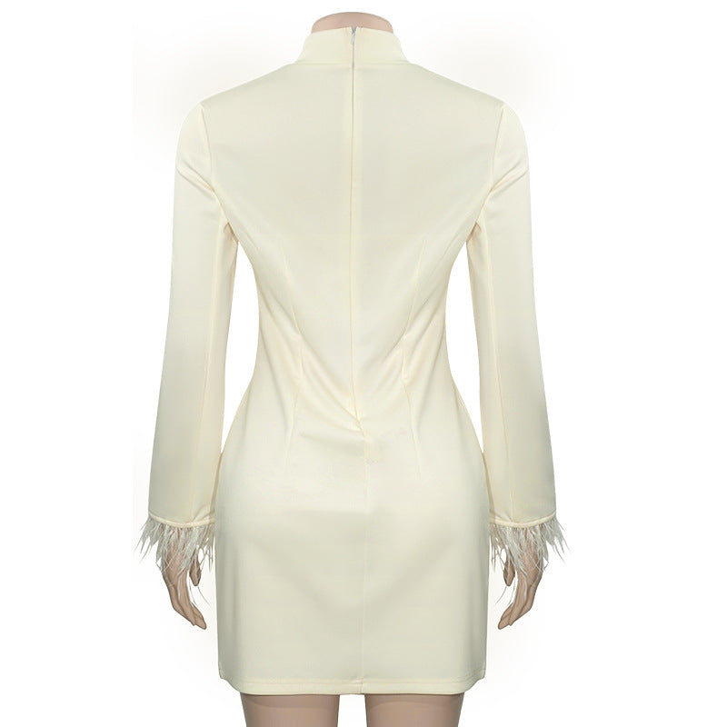 Spring Solid Color Round Neck Fashion Feather Patchwork Short Slim Dress 7
