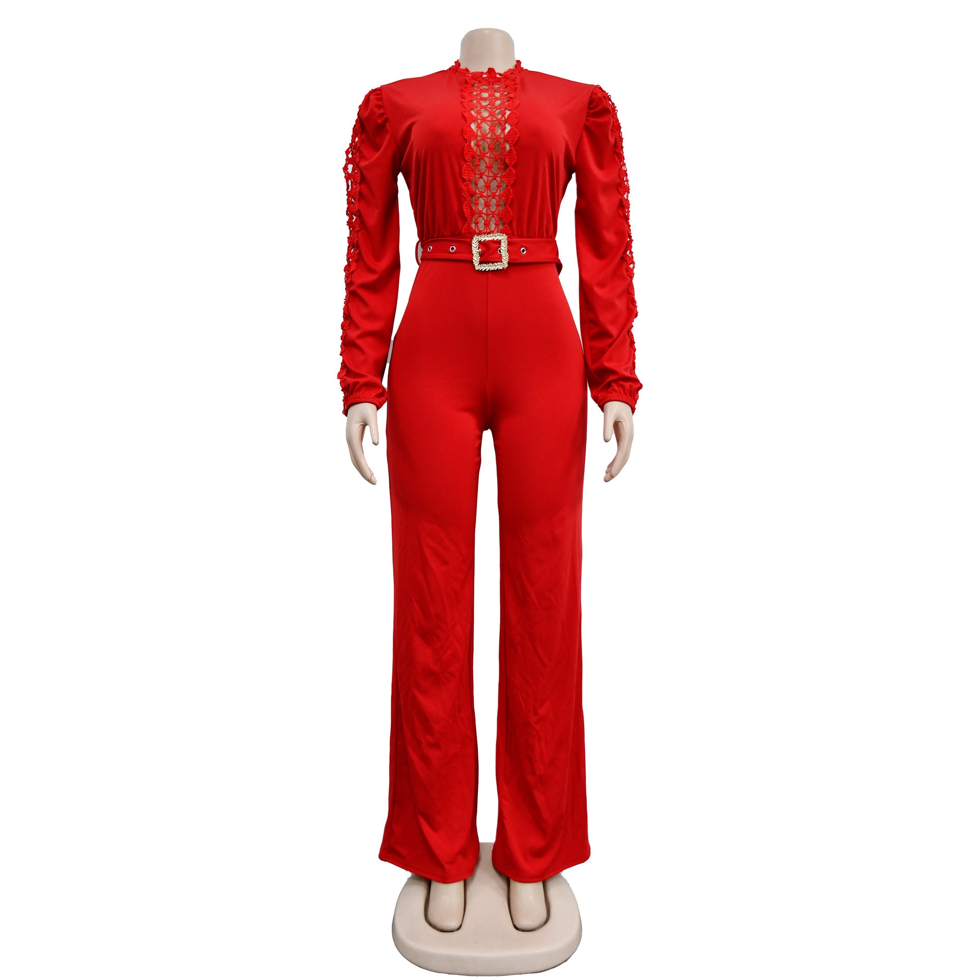 Women Belt Lace Cutout Solid Long Sleeve Jumpsuit 34