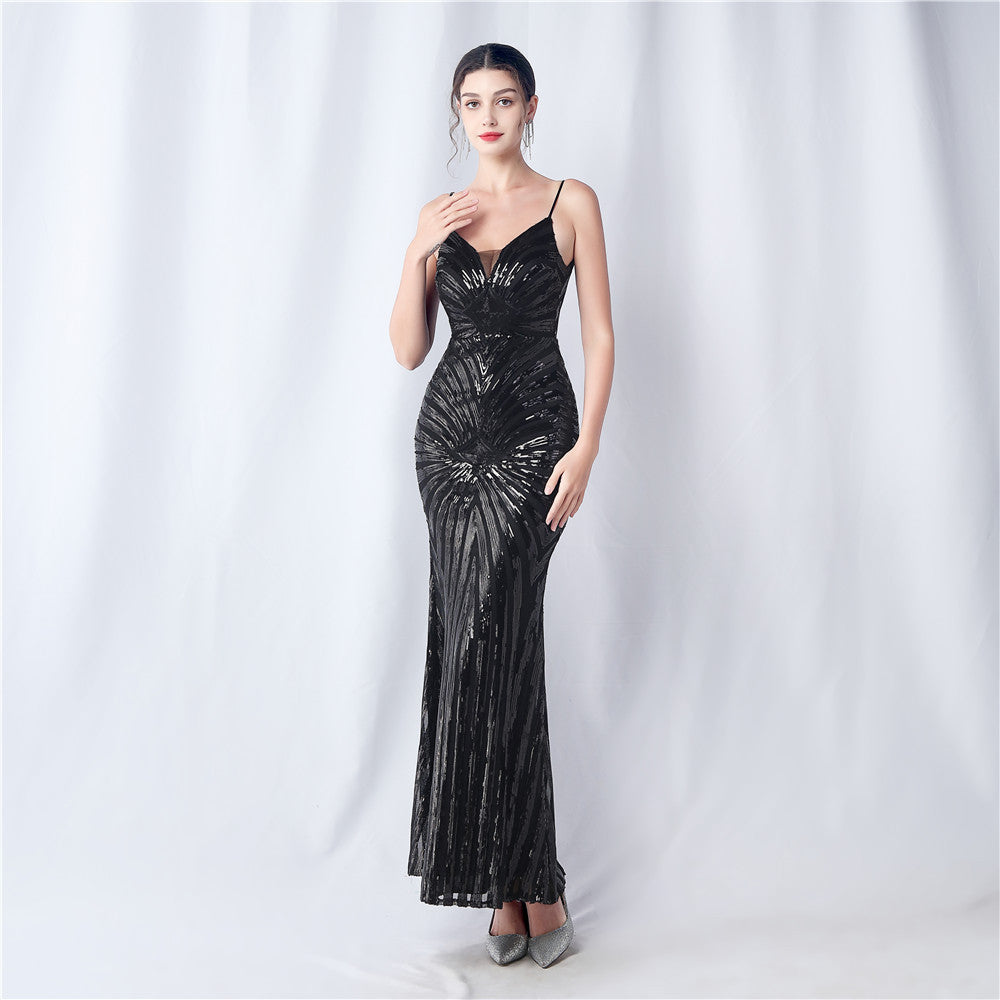 Positioning Flower Dinner Wedding Sequin Suspender Evening Dress 4