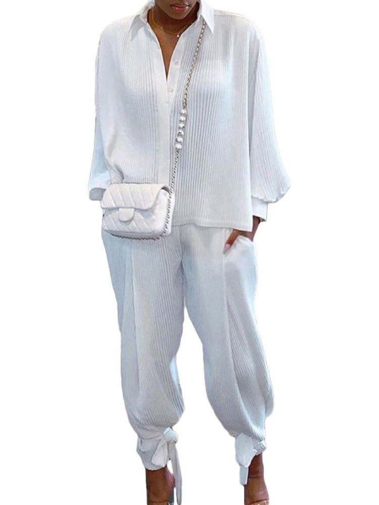 Women Autumn and Winter Solid Lace-Up Loose Ribbed Shirt and Pant Two-piece Set 5