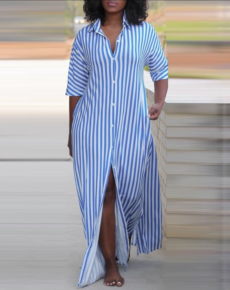 Women Summer Loose V-Neck Long Striped Shirt Dress 5