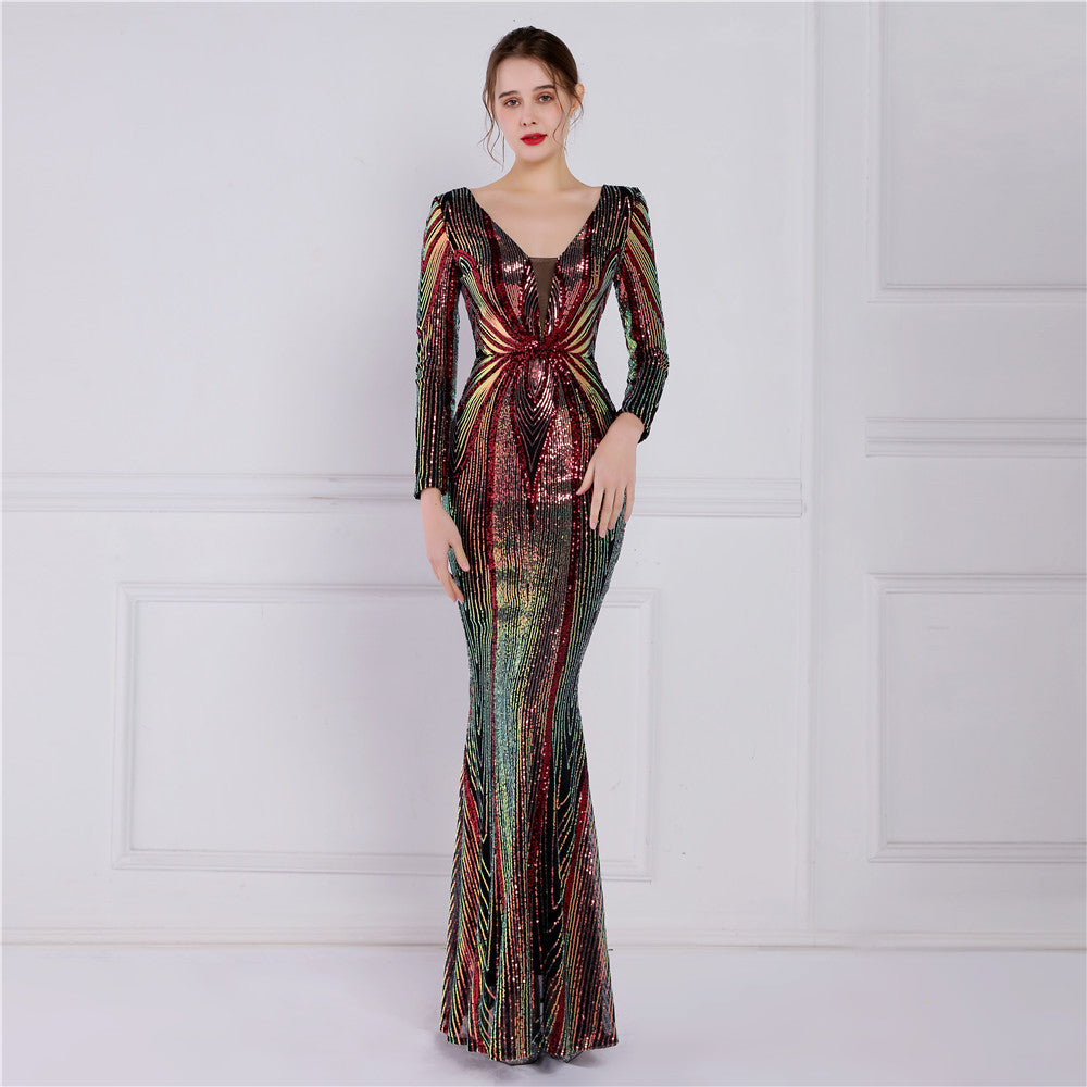 Women Elegant Long Sleeve Sequins Mermaid Dress Evening Dress 6