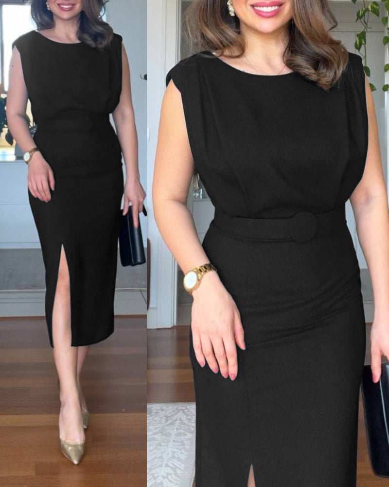 Women sleeveless career dress with pleated shoulders and slits