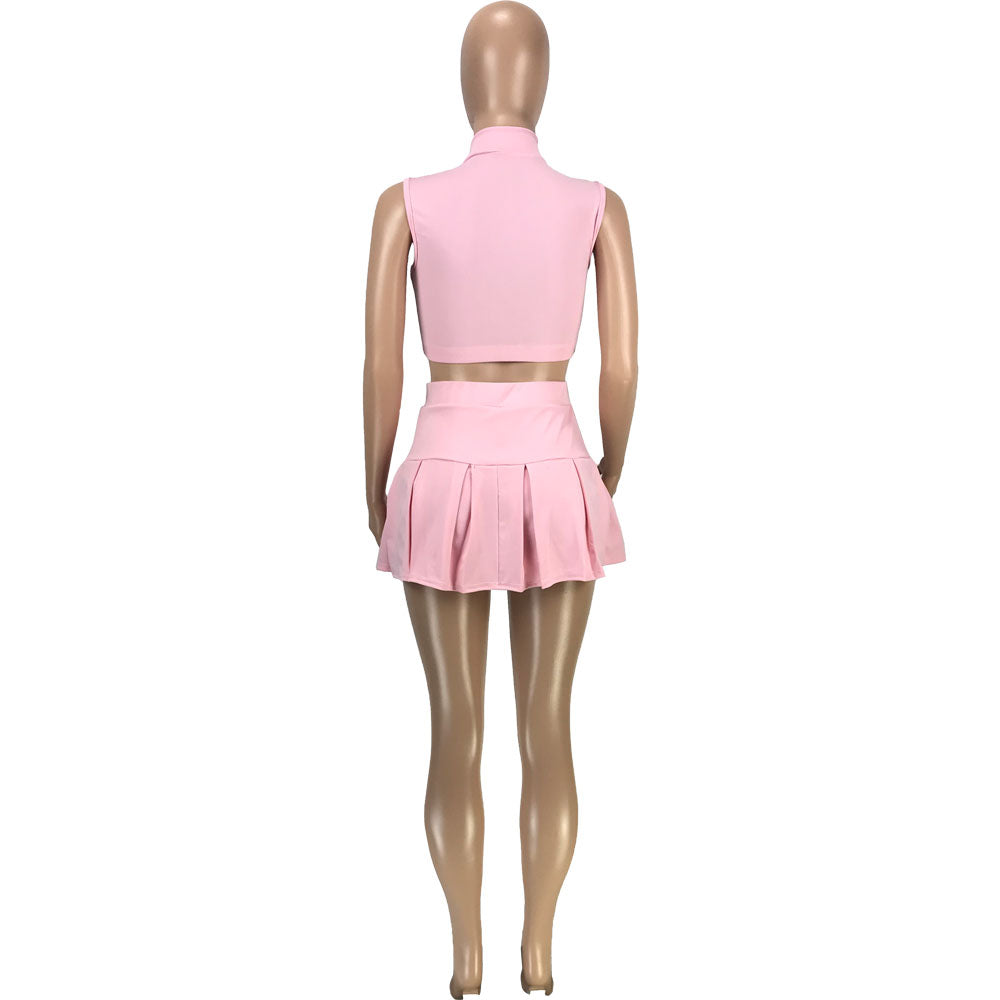Solid Vest Pleated Skirt Sexy Casual Set 25