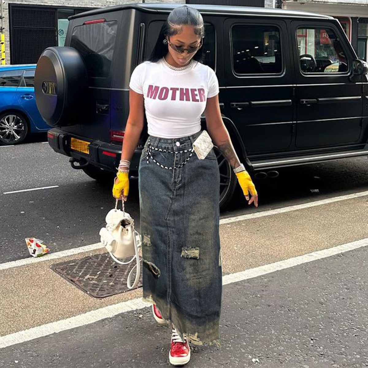 Pocket Distressed Ripped Straight Fit Loose Denim Skirt 3