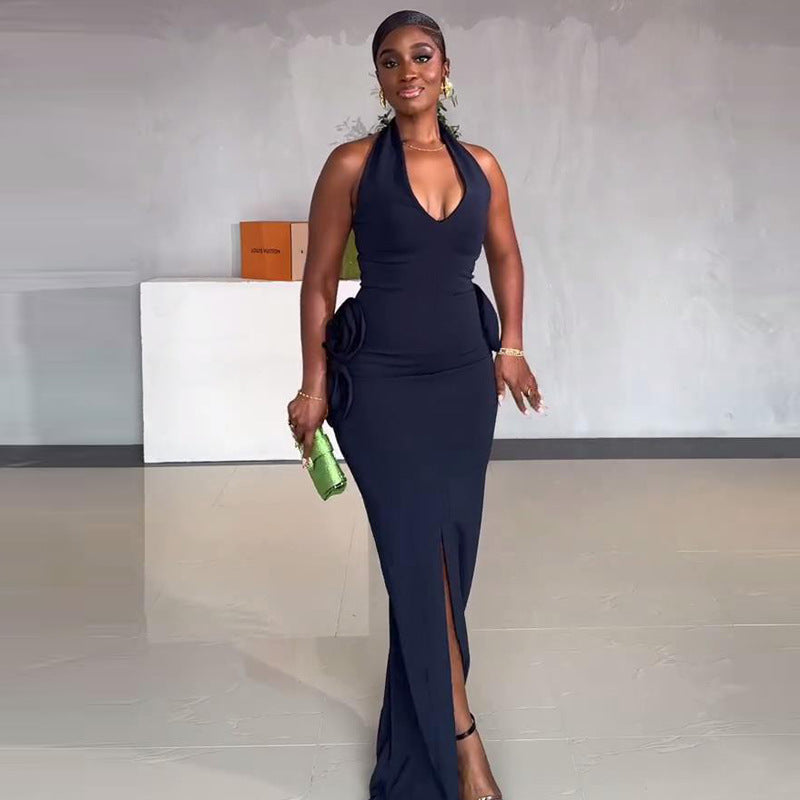 Elegant Women Flower Halter Slit Long Dress 5