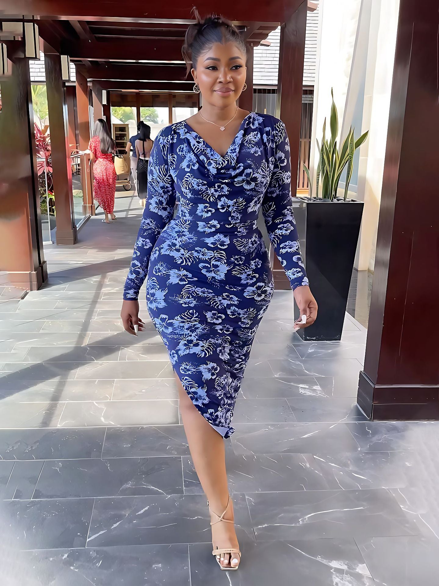 Chic Long Sleeve Printed Midi Dress Foral High Waist Side Slit Slim Fit Women's Dress 3