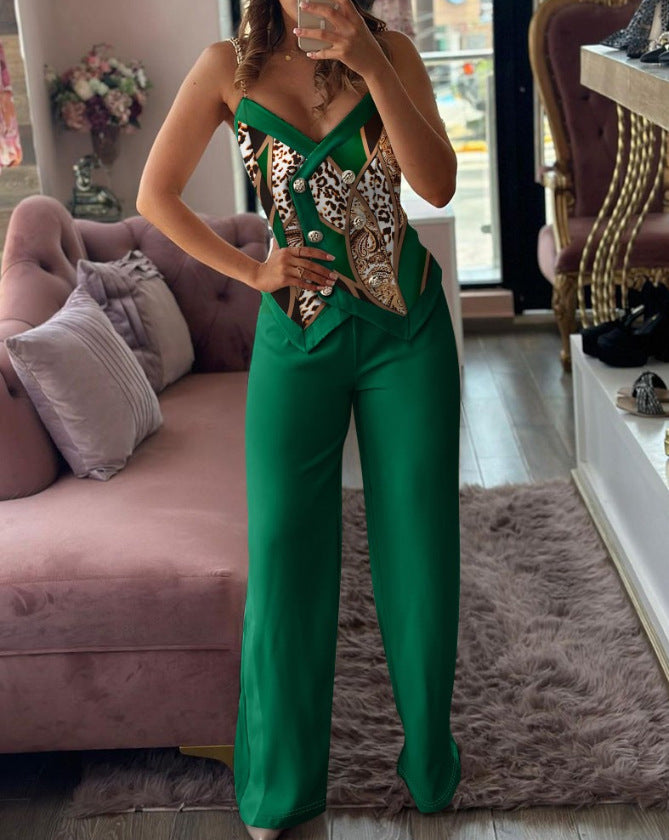 Fashion Printed Double-Breasted Strap Women's Two Piece Pants Set 15