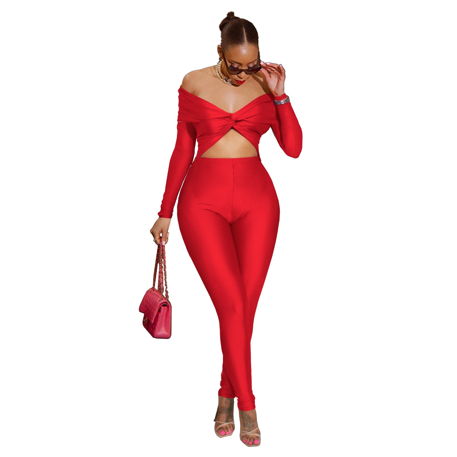 Women's off shoulder Knot Hollow Sexy High Waist Long Sleeve Jumpsuit 11