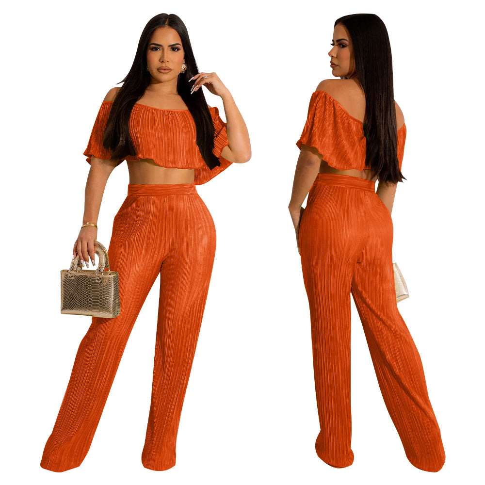 Women's Pleated Ruffle Off Shoulder crop top Wide Leg Pants two piece Set 8