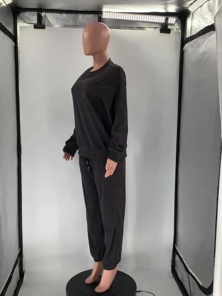 Women Autumn/Winter Solid Round Neck Long Sleeve Top + Pants Two Piece Set 14