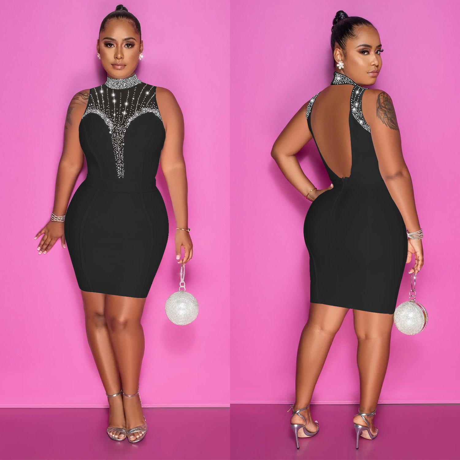 Women'S Fashion Solid Beaded Mesh See-Through Sleeveless Backless Club Bodycon Dress