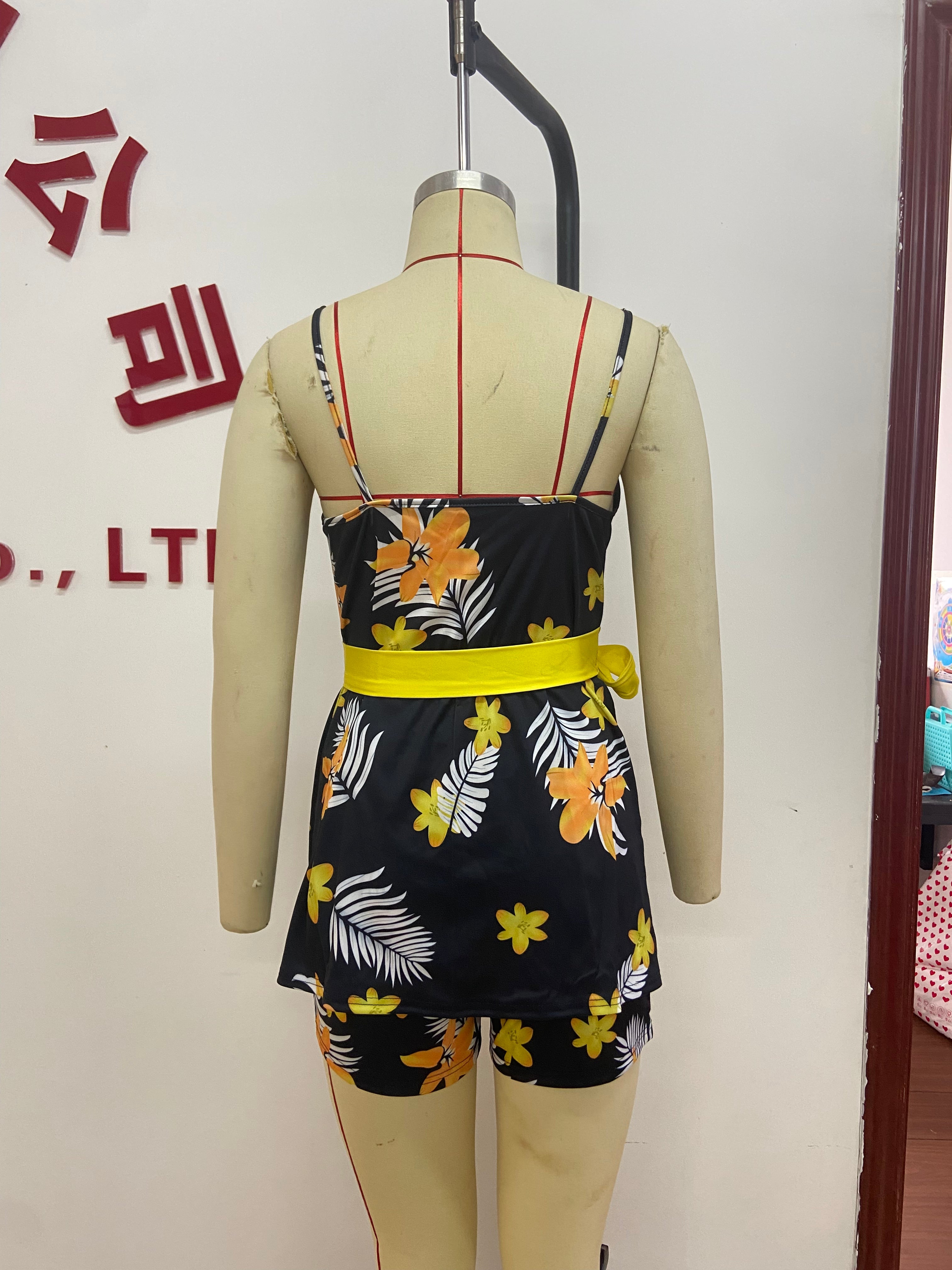 Spring Summer Print Straps Belted Vestshorts Two Piece Set 15