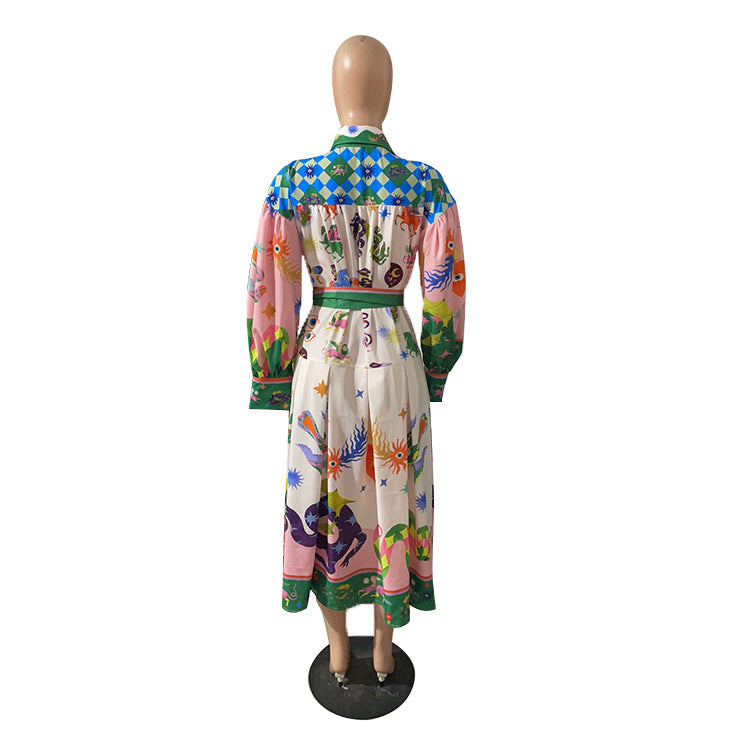 Women polo collar printed pleated long sleeve loose dress 7