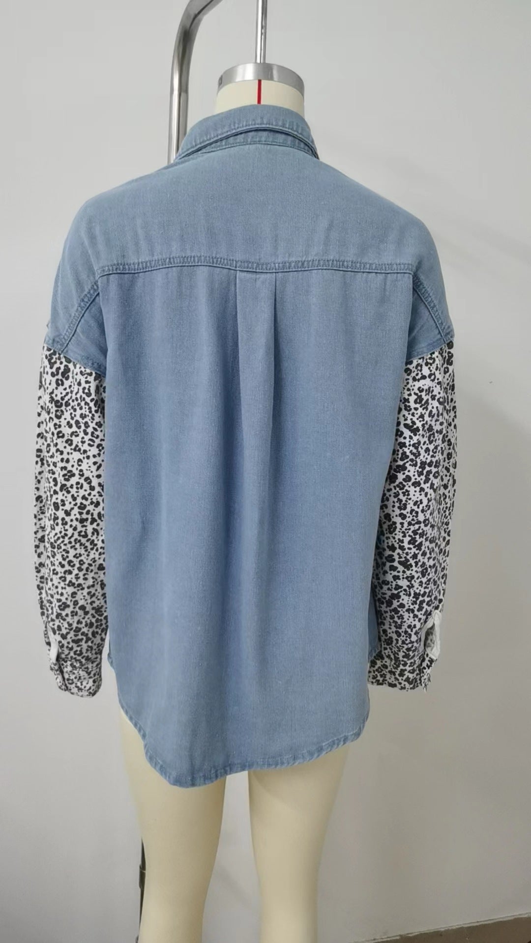 Women Loose Leopard Patchwork Denim Long Sleeve Shirt 13