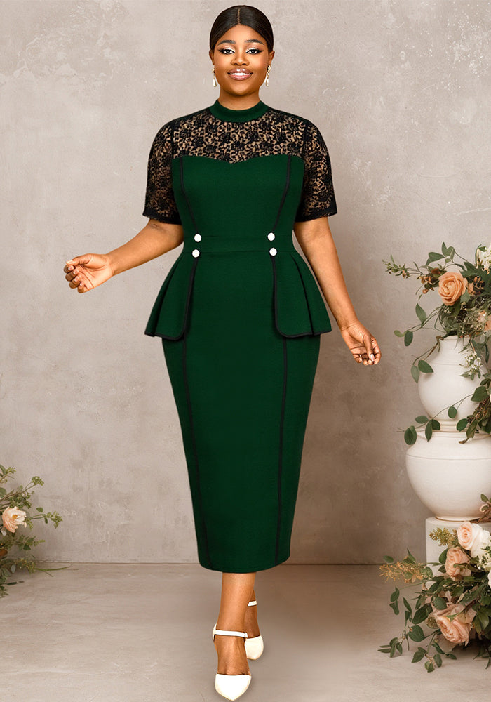 Plus-Size Women Dark Green Patchwork Knitted Lace Short-Sleeved Bodycon Dress