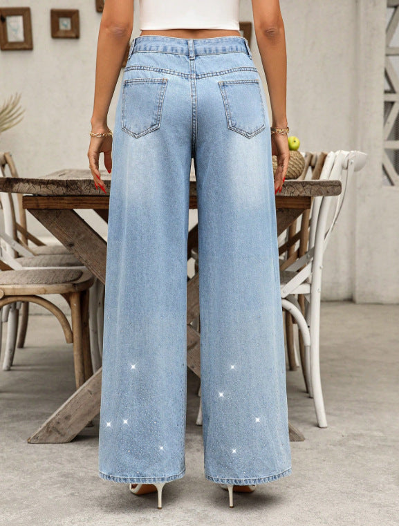 Women's Low-Waist Straight Beaded Wide-Leg Denim Pants