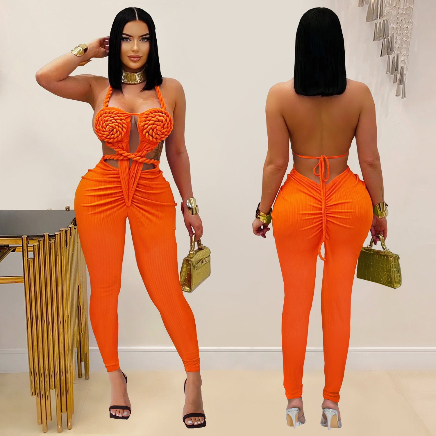 Women Sexy Casual Halter Neck Backless Solid Jumpsuit 3