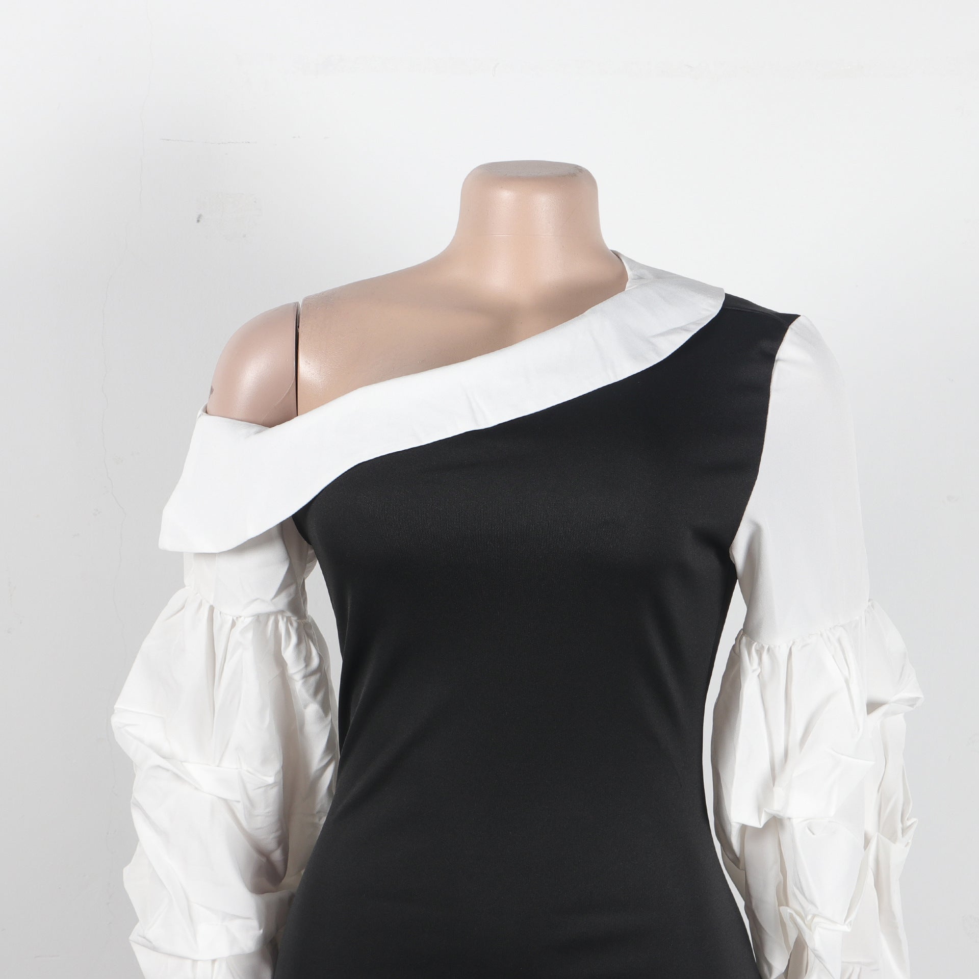 Women Contrast Slash Shoulder Stretch Bodycon Slit Balloon Sleeve Dress 17