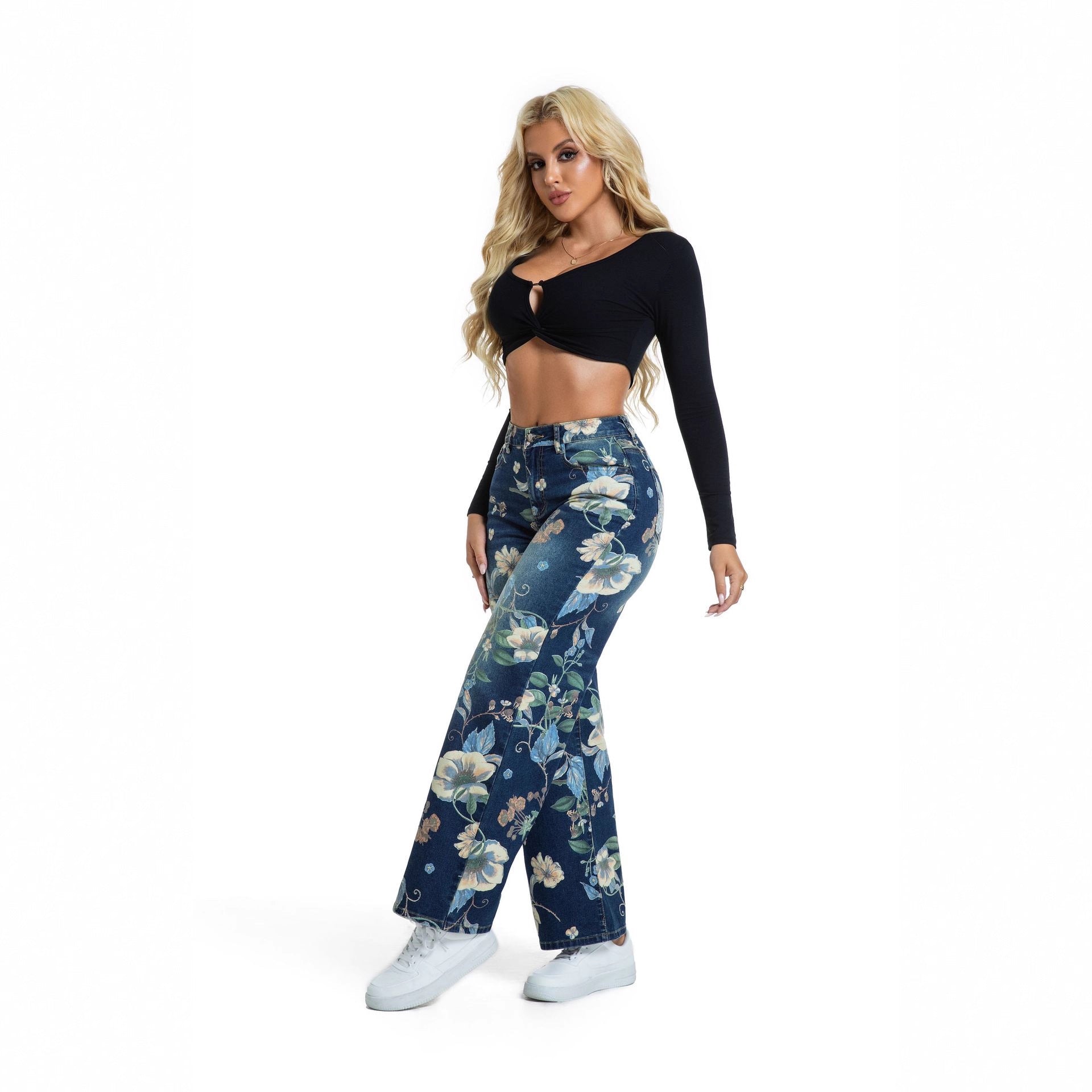 Women printed blue wide-leg denim pants 6
