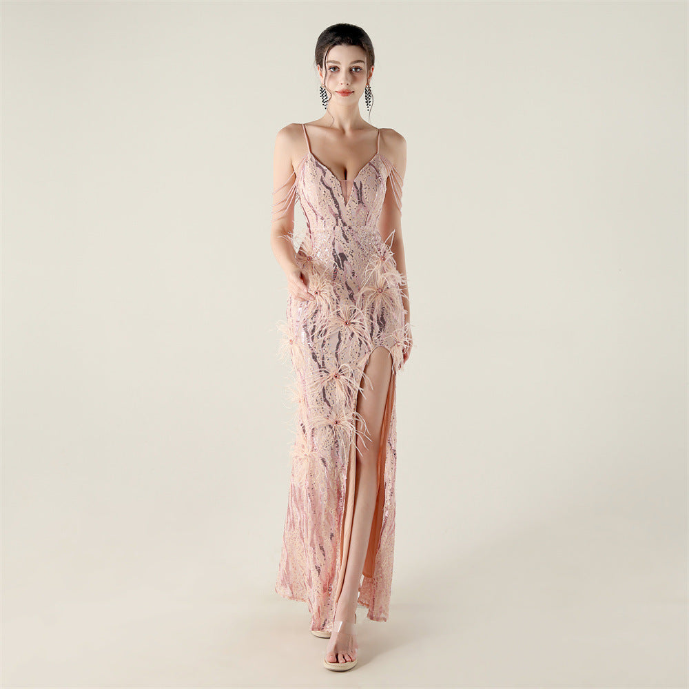 Plus Size Women clothing feather embroidery sequins beaded diamond chain sling V Neck fishtail evening dress 12