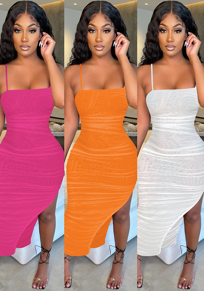 Women sexy suspender mesh See-Through pleated slit dress