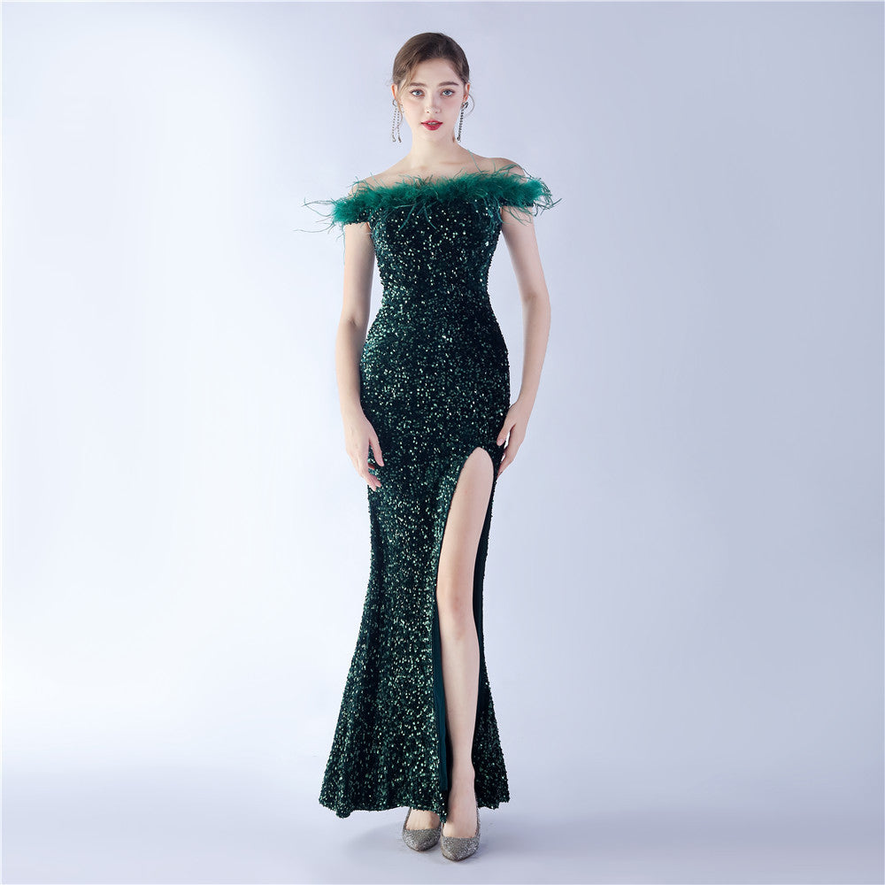Women Sequined Ostrich Feather Off Shoulder Evening Gown 11