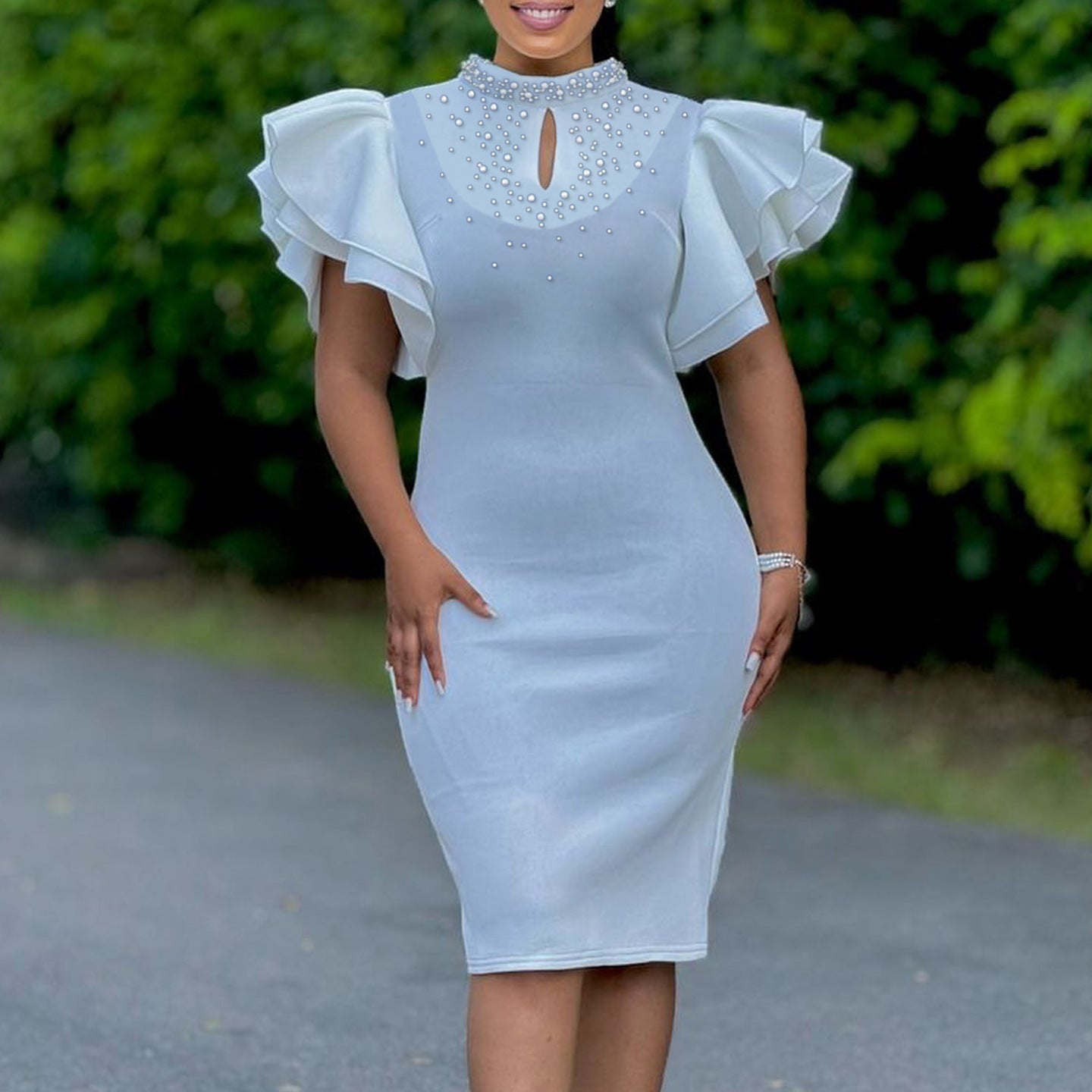 Women Sexy Ruffle Sleeve Beaded Party African Dress 4