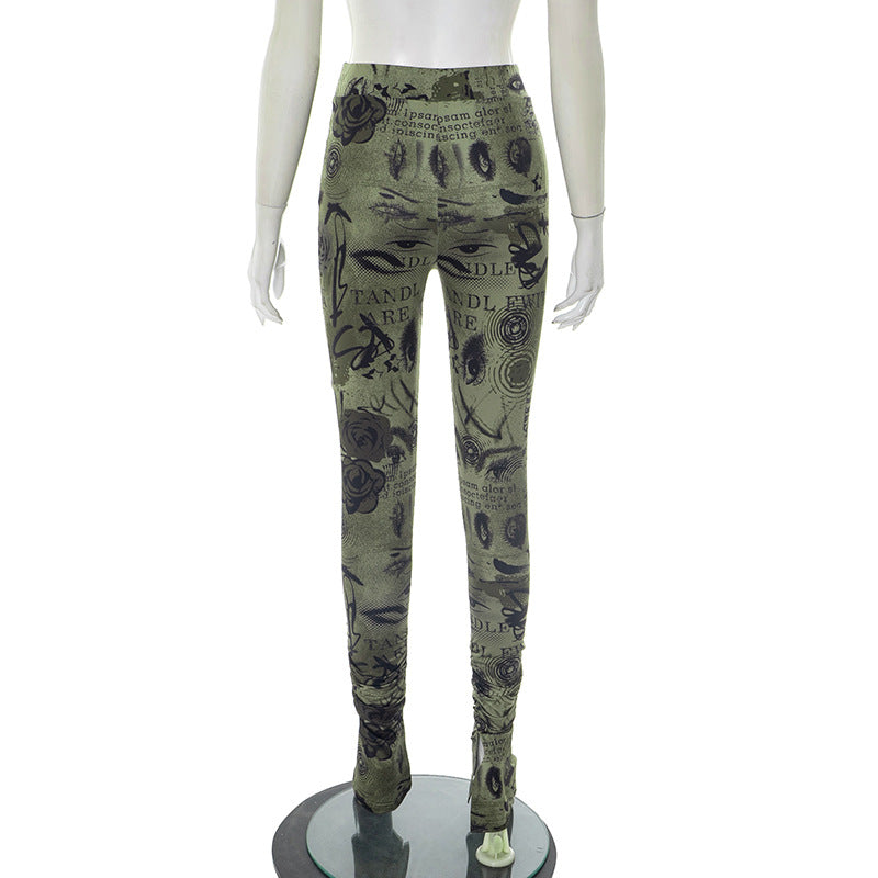 Women Spring/Summer Printed Stretchy Slit Gathered Casual Pants 8