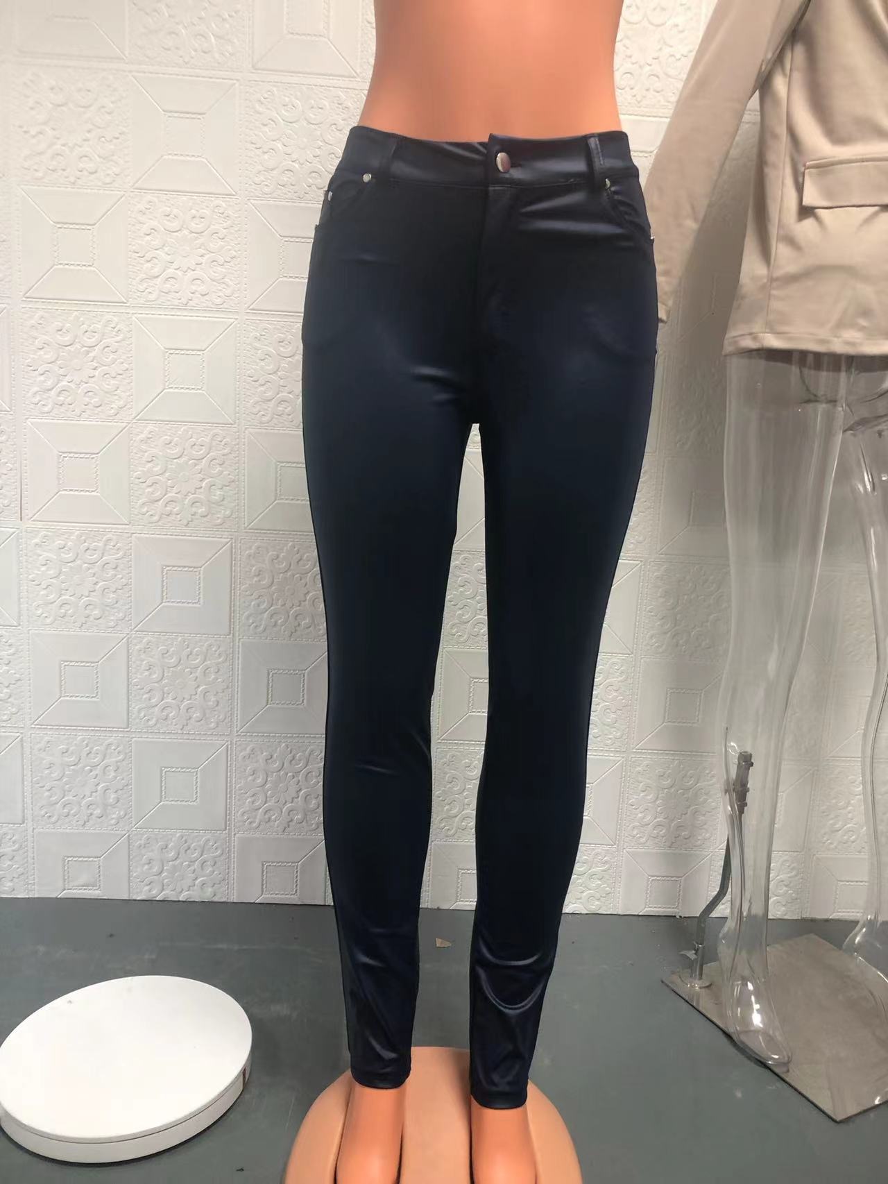 Women's Fashion High-Waist Solid Color Leather Casual Tight Pants 9