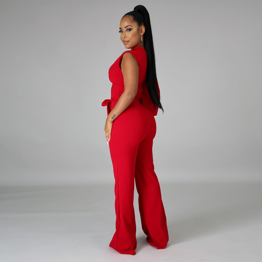 Women Solid Color One Shoulder Wide Leg Jumpsuit 9