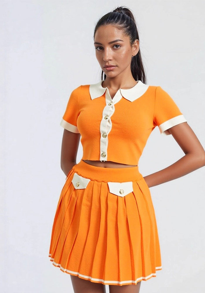 Fashion Turndown Collar Metal Button Cardigan & Pleated Skirt Knit Set