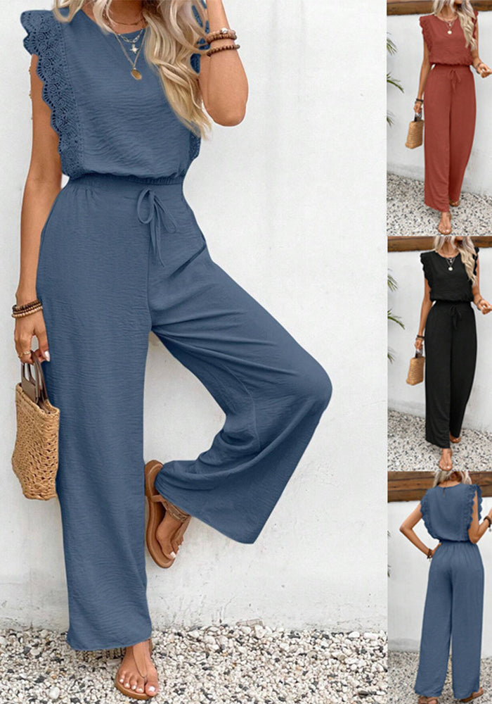 Women Spring Summer Ruffle Sleeve Square Neck Drawstring Jumpsuit