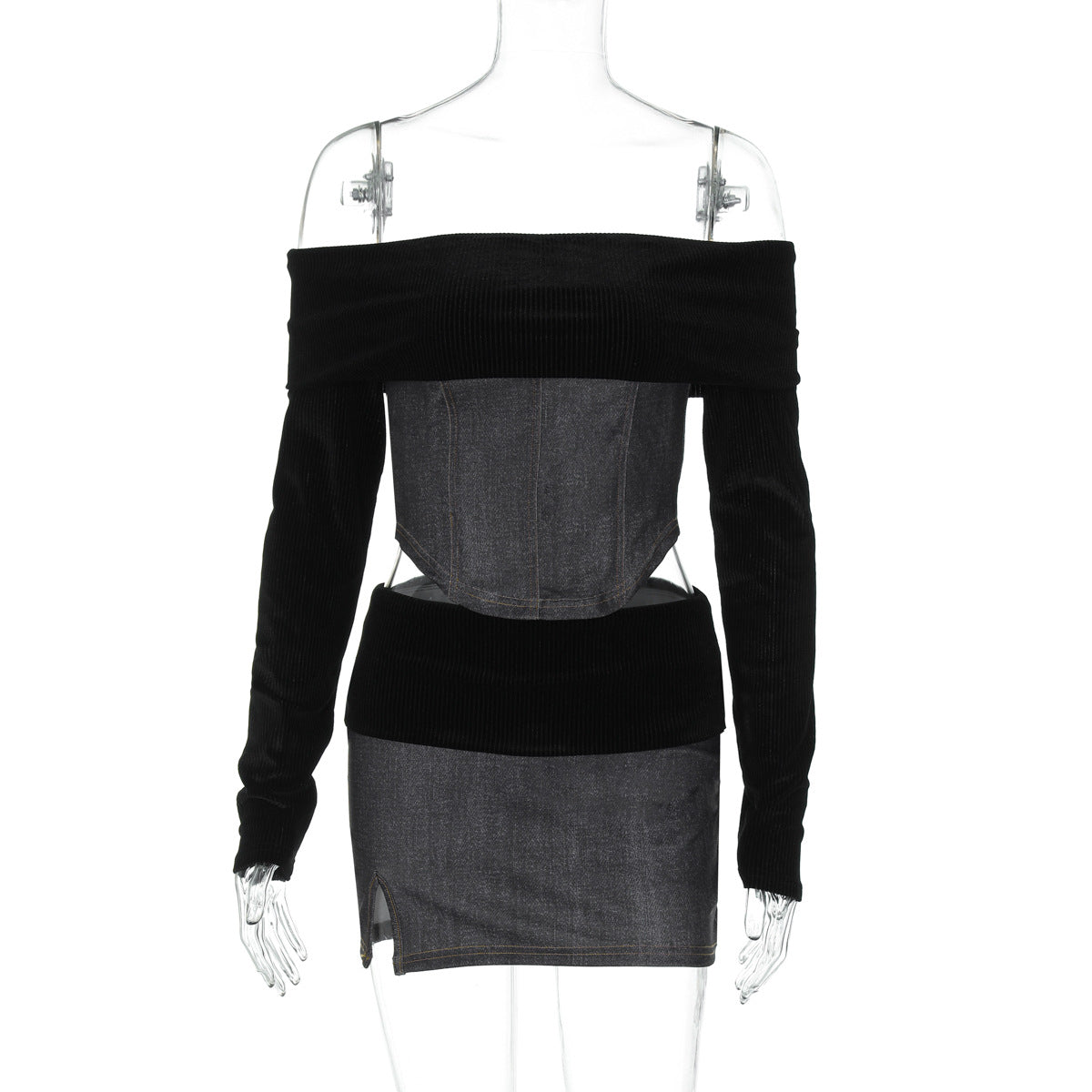 Women Fall and Winter Sexy Off Shoulder Crop Top and Slit Skirt Two Piece Set 11