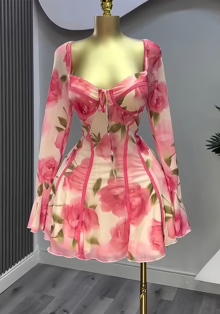 Women Bell Bottom Long-sleeved Lace-up Ruffled Flower Print Dress