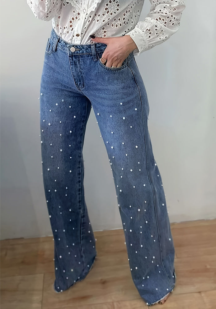 Women's Denim Beaded Furry Edge High Stretch Straight Leg Pants
