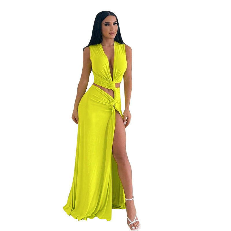 Women's Summer Solid Color Sexy Deep V Hollow Slit Slim Long Dress 28