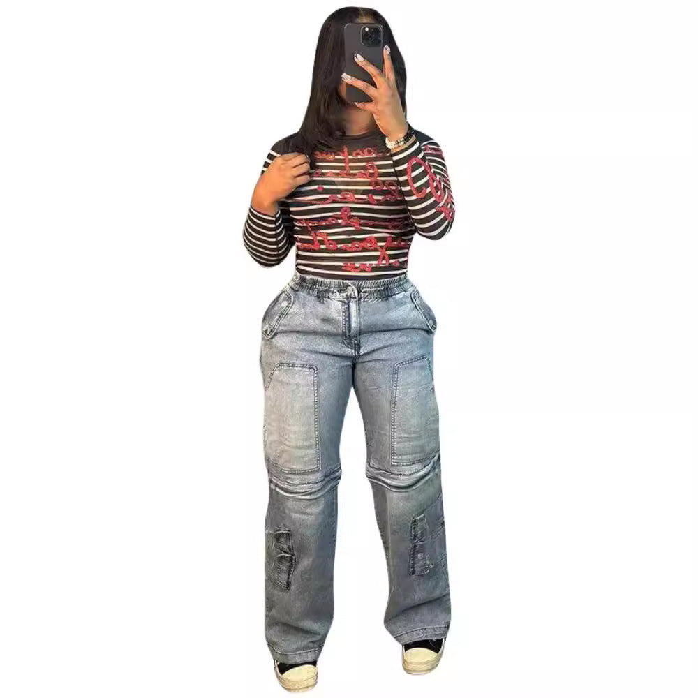 Women Cargo Stretch Denim Pants 3