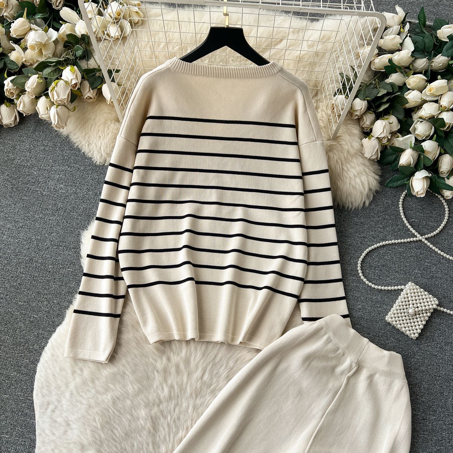 Women Casual V Neck Striped Knitting Top and Pants Two-piece Set 18