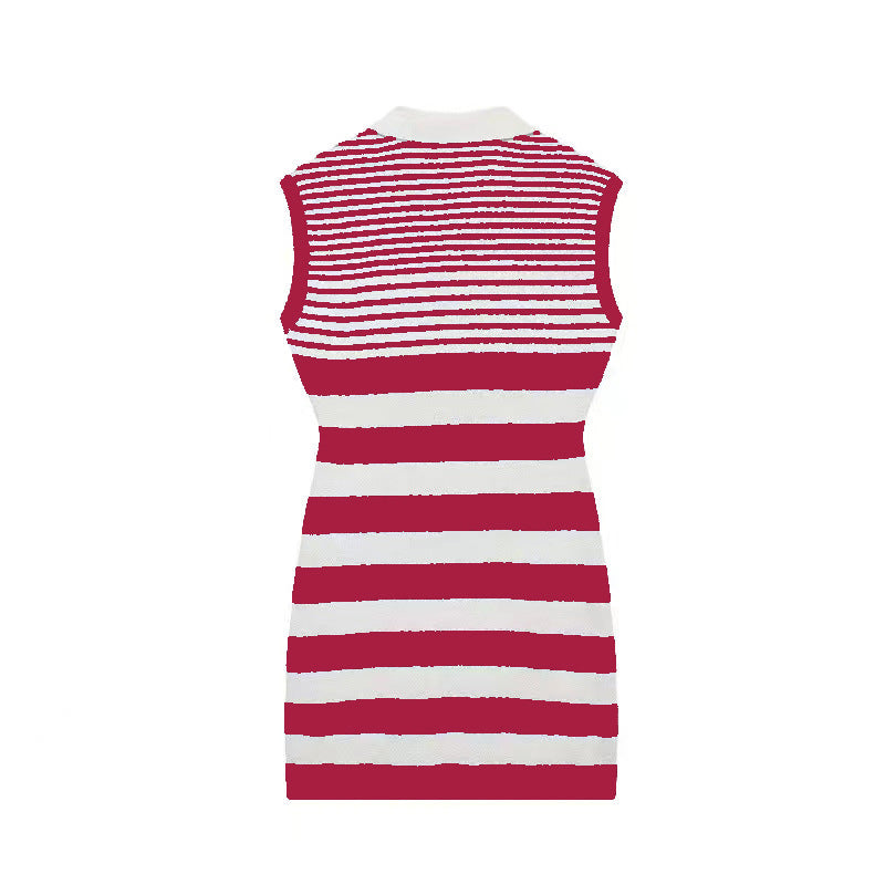 Women's Chic Fashion Striped Turndown Collar Sleeveless Slim Knit Dress 11
