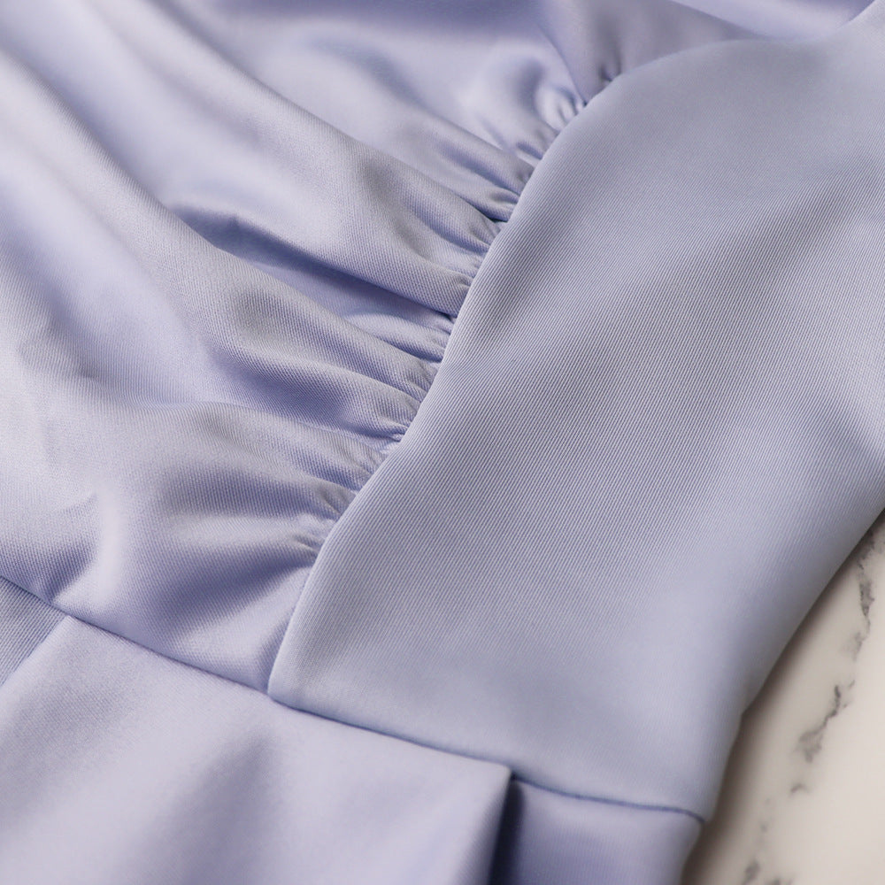 Chic Puff Sleeve Chic Low Back Party Fit Slit Gown Dress 17