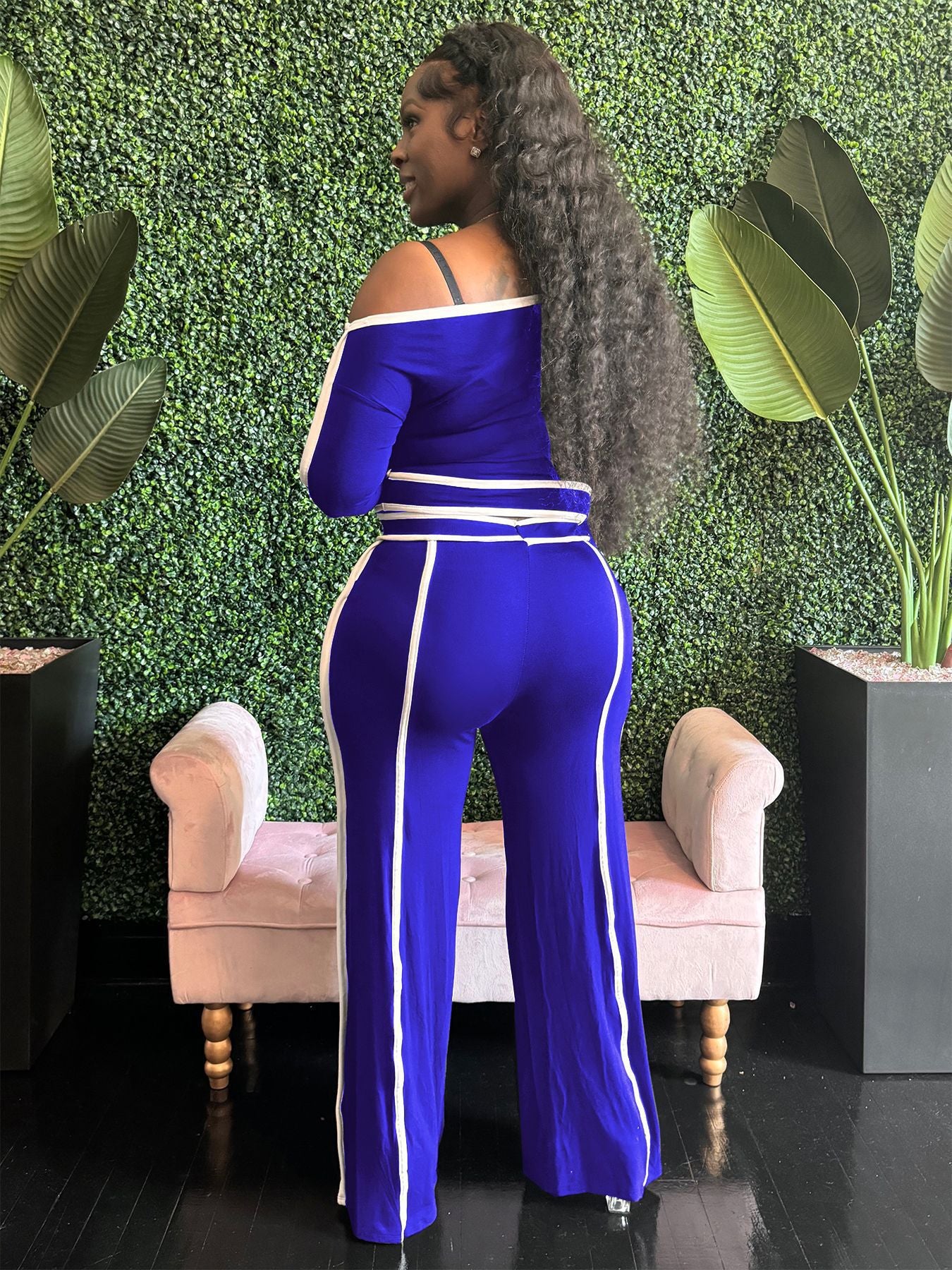 Autumn Women's Clothing Slim Fit Sexy Contrast Color Off Shoulder Long Sleeve Two Piece Pants Set 6