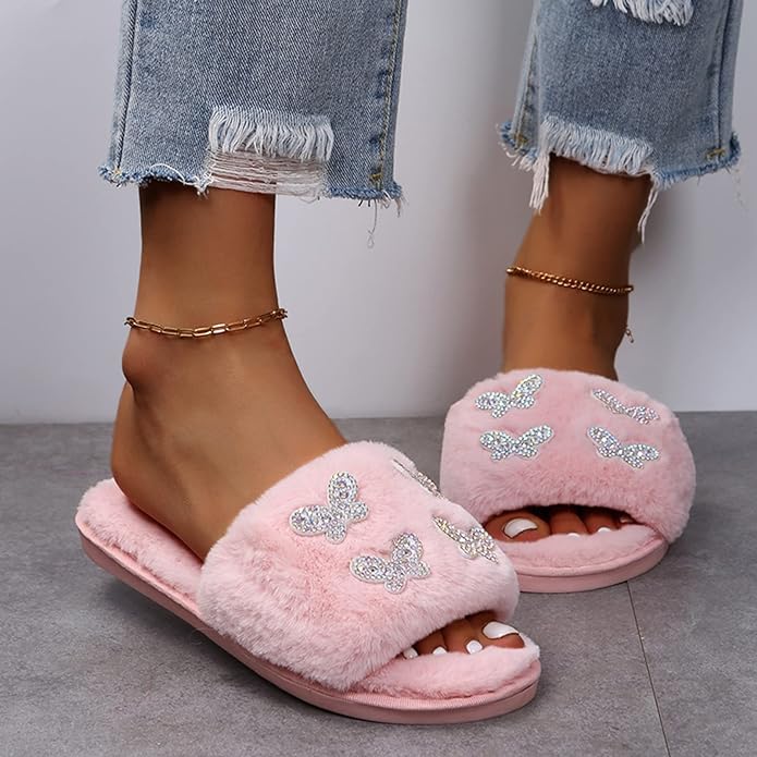 Women flat warm fur slides