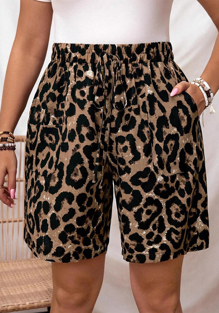Women Casual Lace-up Elastic Waist Leopard Print Shorts
