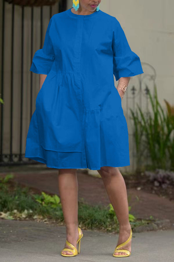 Spring Summer Bell Bottom Wide Sleeves Solid Color Women's Dress 6