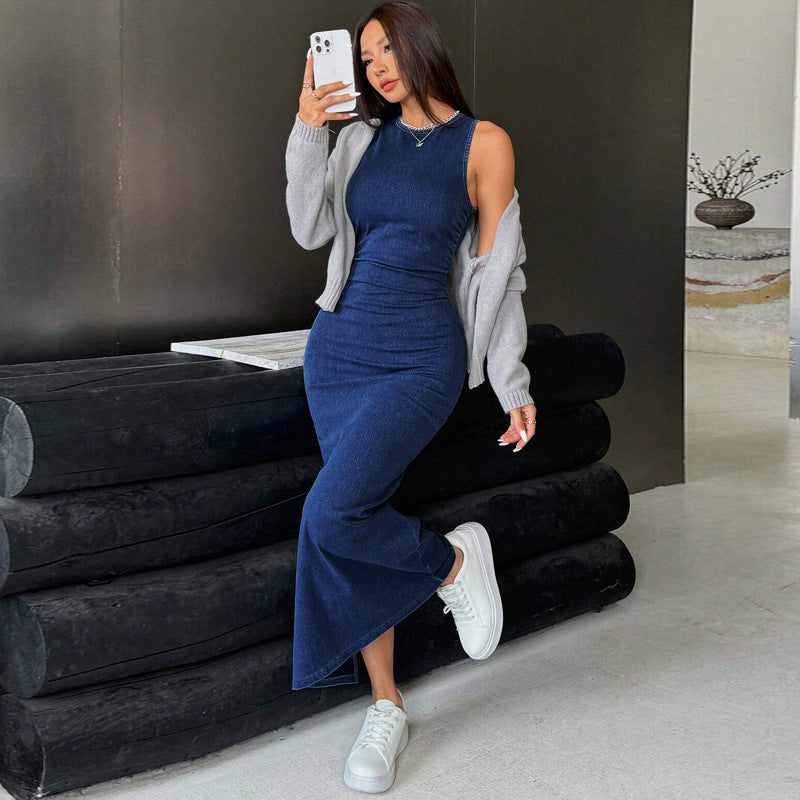 Spring Round Neck Sleeveless Slim Denim Bodycon Dress