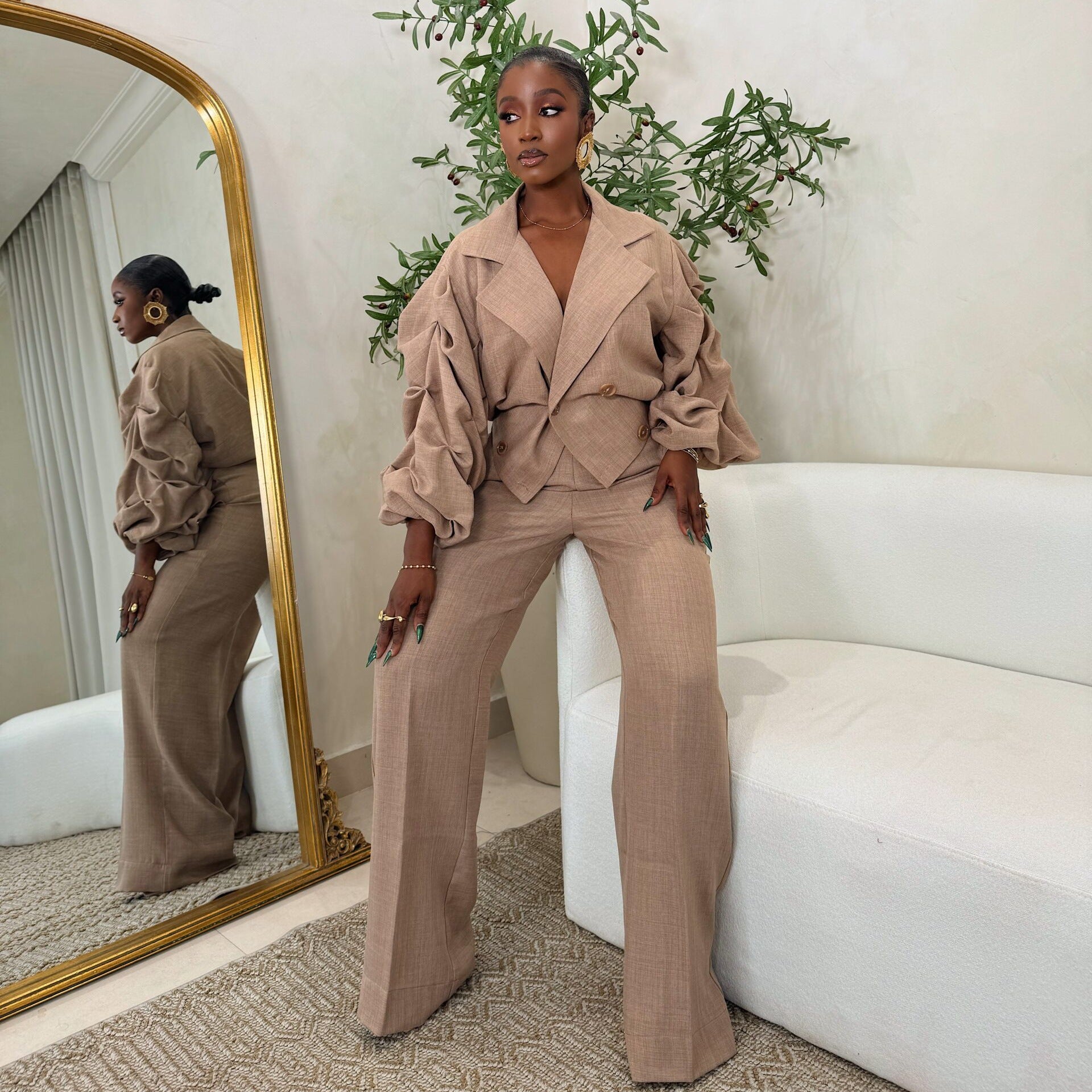 Career Casual Turndown Collar Pleated Sleeve Wide-Leg Pants Set 4